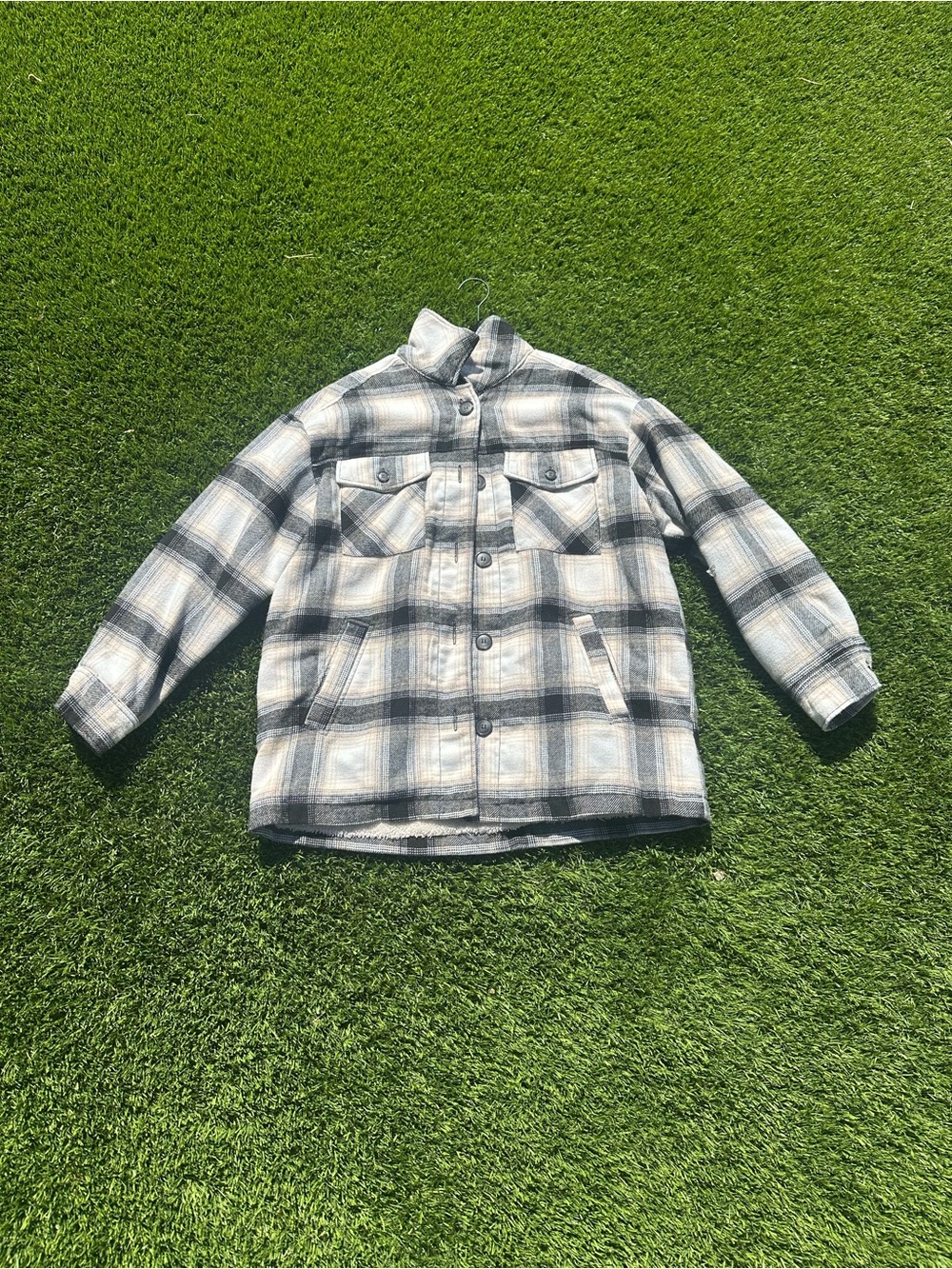 Love Tree Plaid Shacket Jacket in Black, Gray, and Cream